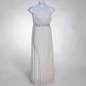 White Chiffon Prom Dress Empire Waist Beaded Rhinestones Formal Maxi Y2K Size L